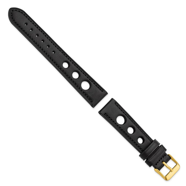 18mm Black Grand Prix Leather Black Stitch Gold-tone Buckle Watch Band