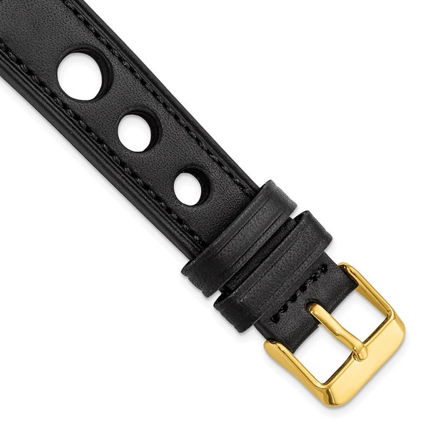 DeBeer 18mm Black Grand Prix Leather with Black Stitching and Gold-tone Buckle 7.5 inch Watch Band