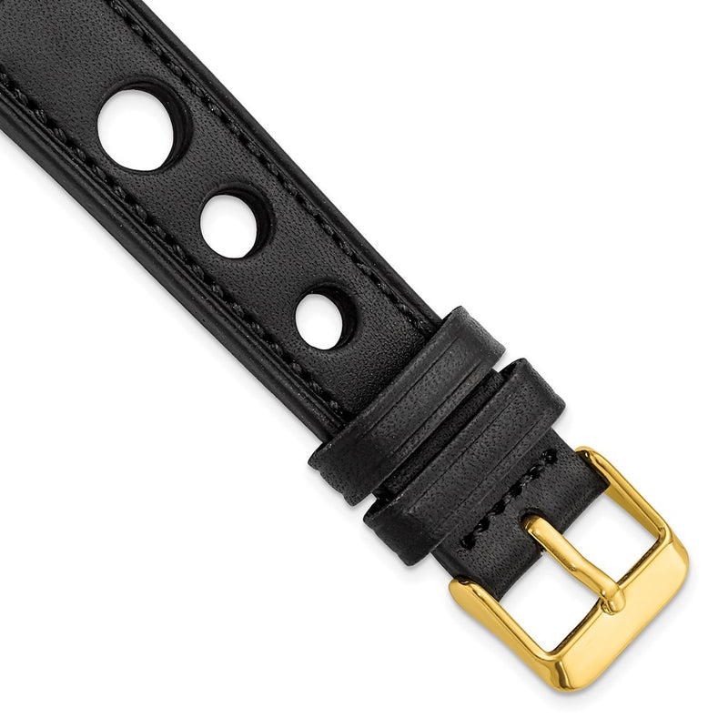 DeBeer 18mm Black Grand Prix Leather with Black Stitching and Gold-tone Buckle 7.5 inch Watch Band