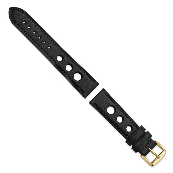 20mm Black Grand Prix Leather Black Stitch Gold-tone Buckle Watch Band