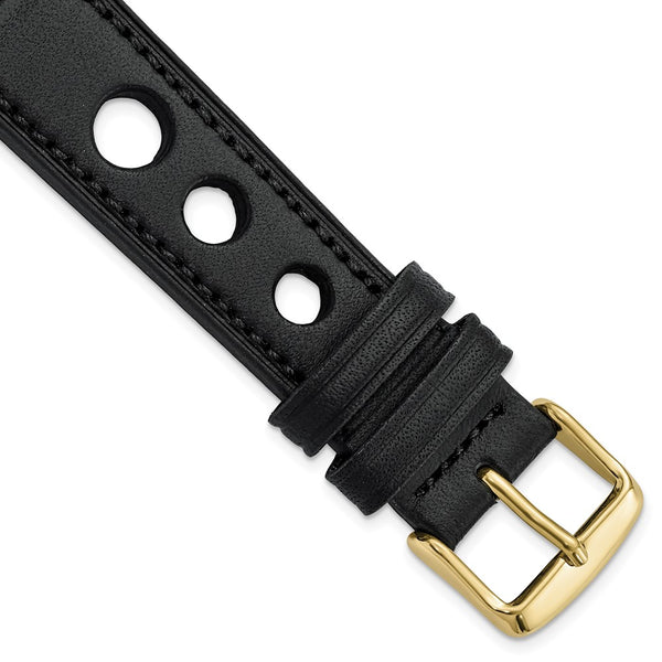 20mm Black Grand Prix Leather Black Stitch Gold-tone Buckle Watch Band