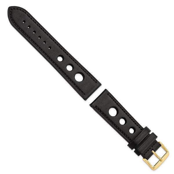 DeBeer 22mm Black Grand Prix Leather with Black Stitching and Gold-tone Buckle 7.5 inch Watch Band