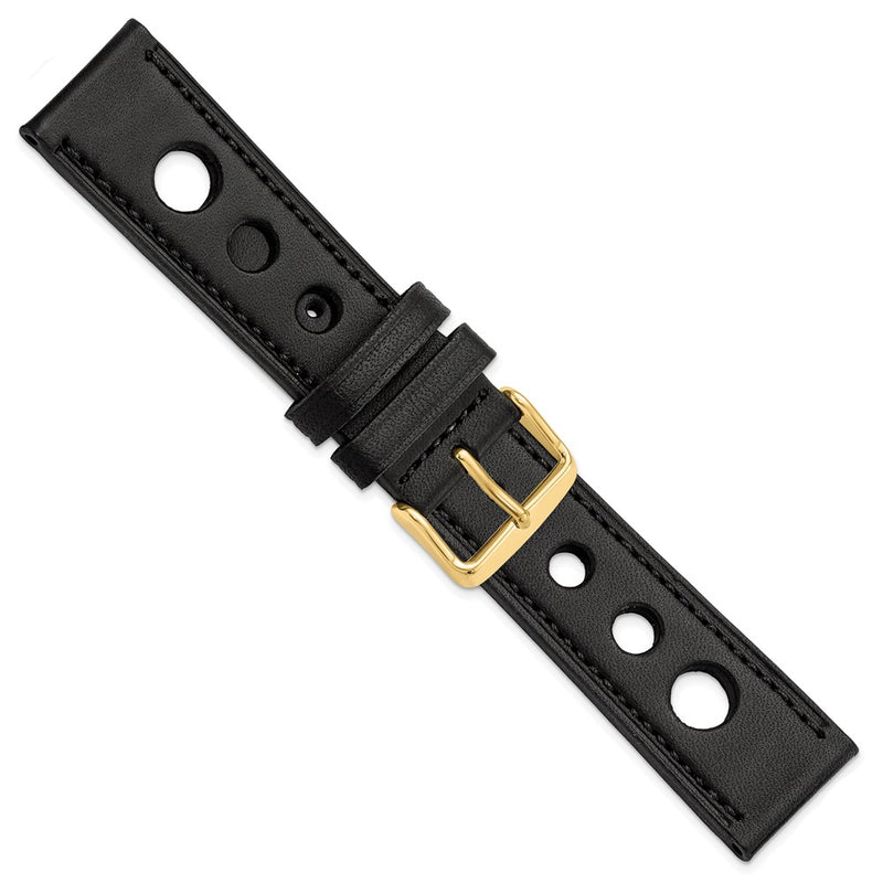 DeBeer 22mm Black Grand Prix Leather with Black Stitching and Gold-tone Buckle 7.5 inch Watch Band