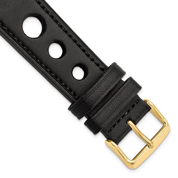 DeBeer 22mm Black Grand Prix Leather with Black Stitching and Gold-tone Buckle 7.5 inch Watch Band