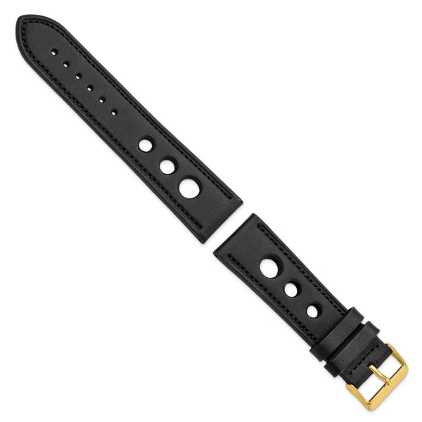 DeBeer 24mm Black Grand Prix Leather with Black Stitching and Gold-tone Buckle 7.5 inch Watch Band