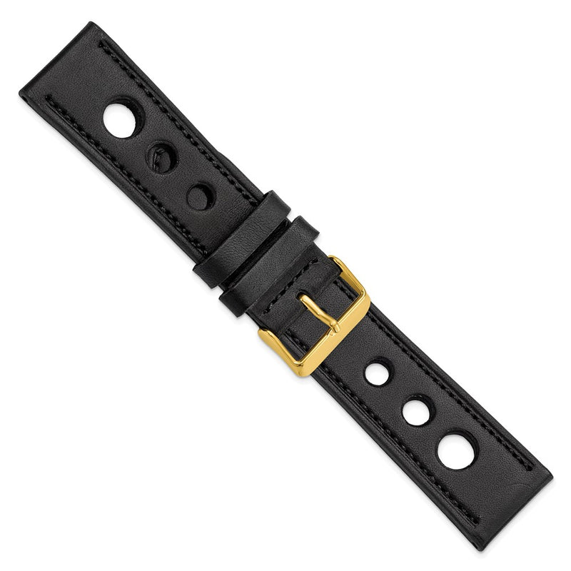 DeBeer 24mm Black Grand Prix Leather with Black Stitching and Gold-tone Buckle 7.5 inch Watch Band