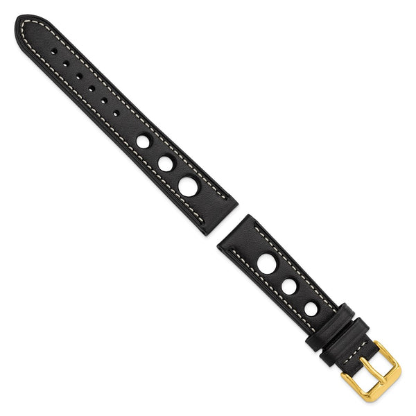 18mm Black Grand Prix Leather White Stitch Gold-tone Buckle Watch Band