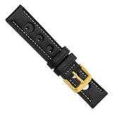 DeBeer 18mm Black Grand Prix Leather with White Stitching and Gold-tone Buckle 7.5 inch Watch Band