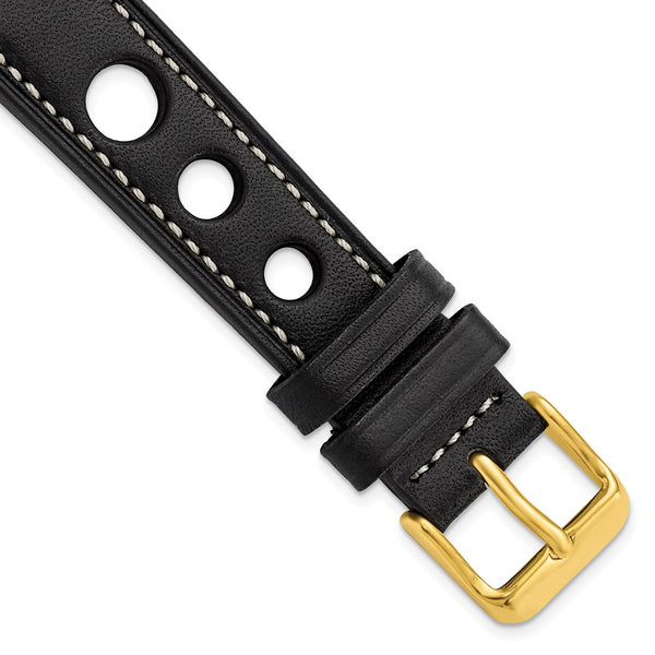 DeBeer 18mm Black Grand Prix Leather with White Stitching and Gold-tone Buckle 7.5 inch Watch Band