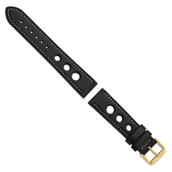 DeBeer 20mm Black Grand Prix Leather with White Stitching and Gold-tone Buckle 7.5 inch Watch Band