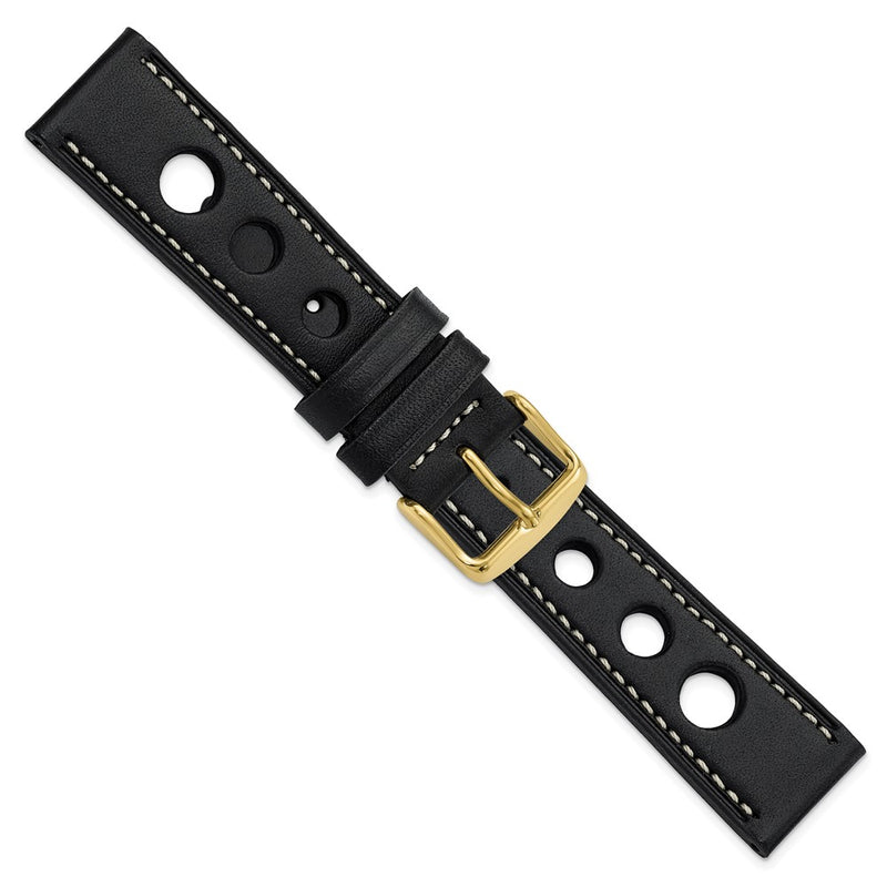 DeBeer 20mm Black Grand Prix Leather with White Stitching and Gold-tone Buckle 7.5 inch Watch Band