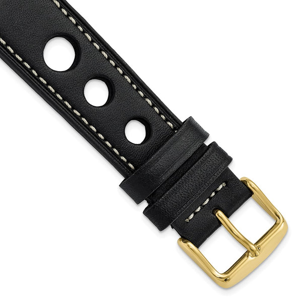 20mm Black Grand Prix Leather White Stitch Gold-tone Buckle Watch Band