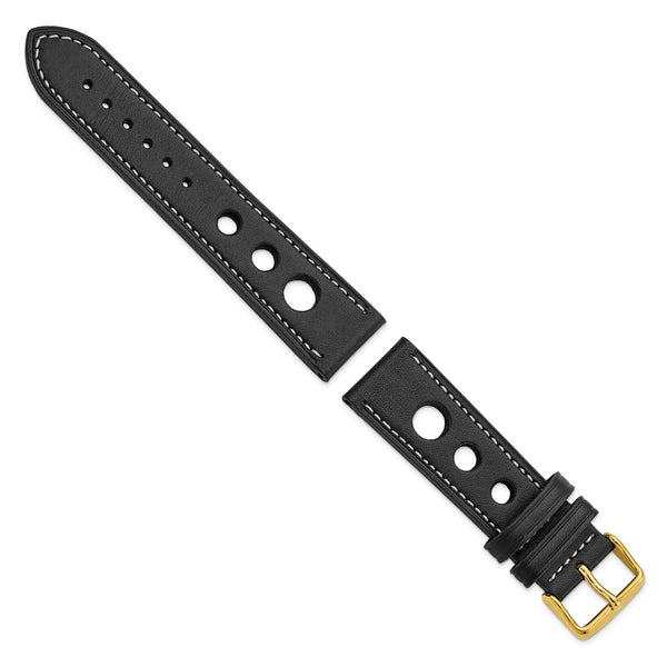 DeBeer 22mm Black Grand Prix Leather with White Stitching and Gold-tone Buckle 7.5 inch Watch Band