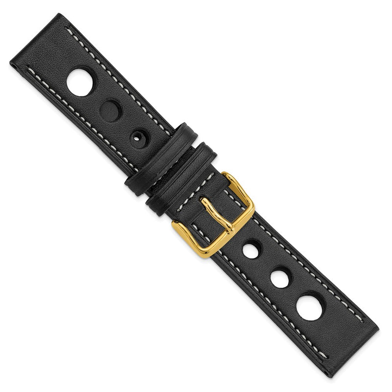 DeBeer 22mm Black Grand Prix Leather with White Stitching and Gold-tone Buckle 7.5 inch Watch Band