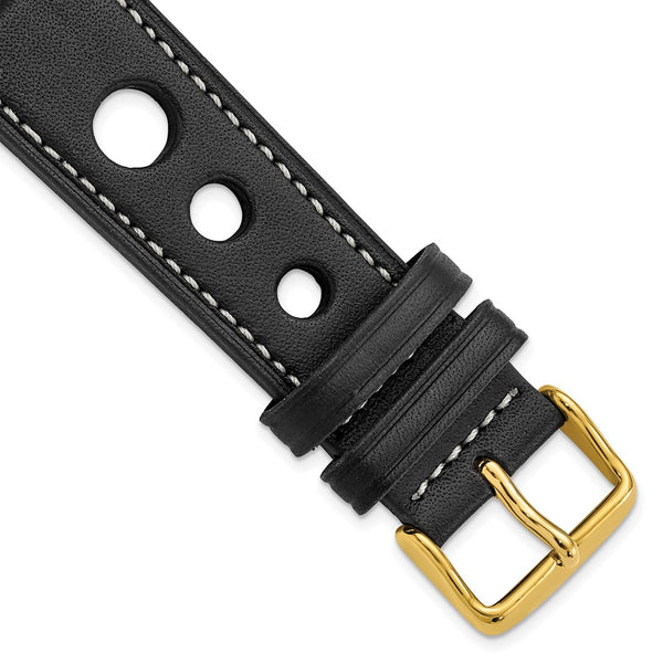 DeBeer 22mm Black Grand Prix Leather with White Stitching and Gold-tone Buckle 7.5 inch Watch Band