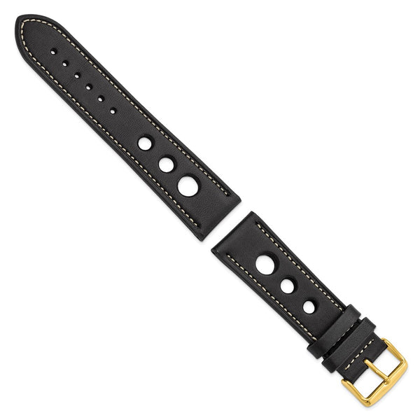 24mm Black Grand Prix Leather White Stitch Gold-tone Buckle Watch Band