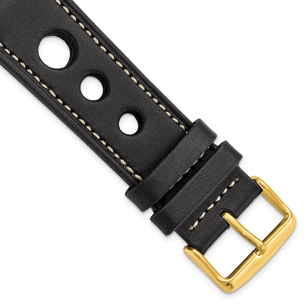 24mm Black Grand Prix Leather White Stitch Gold-tone Buckle Watch Band