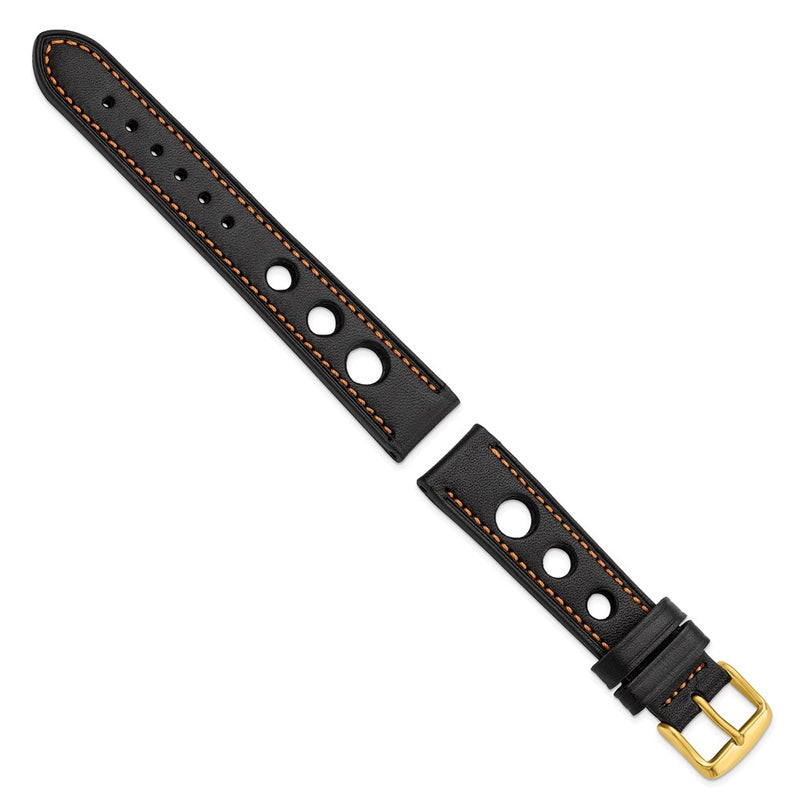 18mm Black Grand Prix Leather Orange Stitch Gold-tone Buckle Watch Band