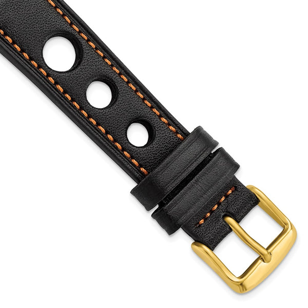 18mm Black Grand Prix Leather Orange Stitch Gold-tone Buckle Watch Band