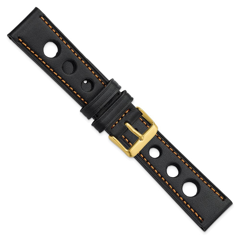 DeBeer 20mm Black Grand Prix Leather with Orange Stitching and Gold-tone Buckle 7.5 inch Watch Band