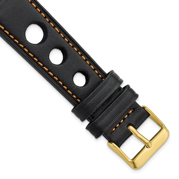 20mm Black Grand Prix Leather Orange Stitch Gold-tone Buckle Watch Band