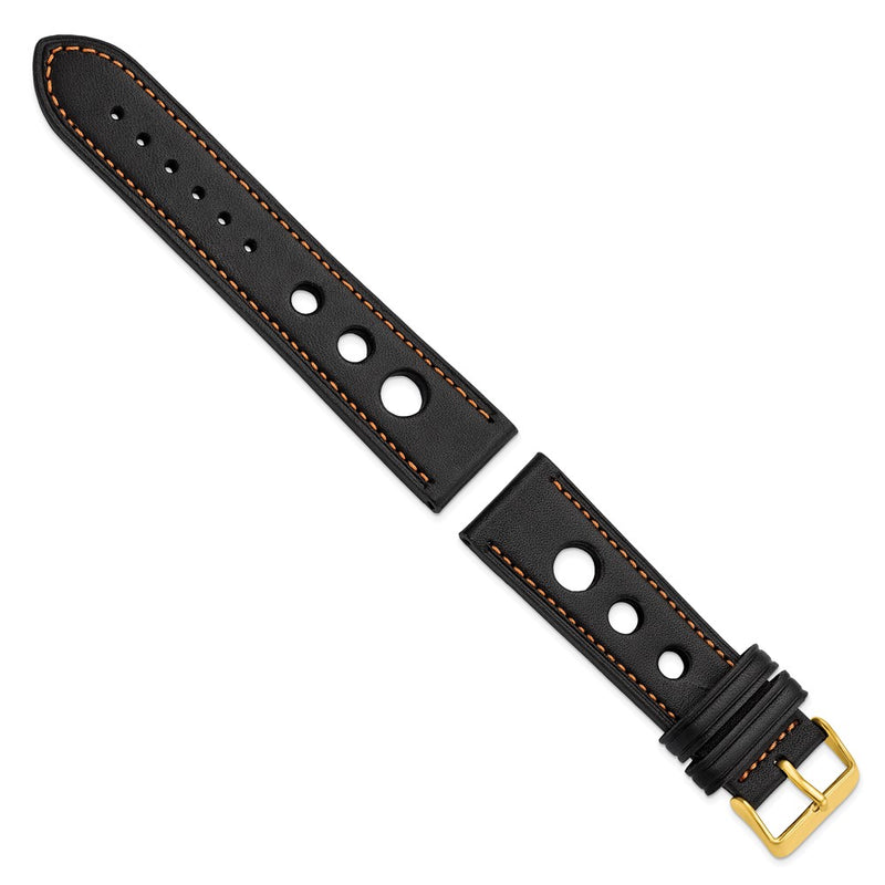 22mm Black Grand Prix Leather Orange Stitch Gold-tone Buckle Watch Band