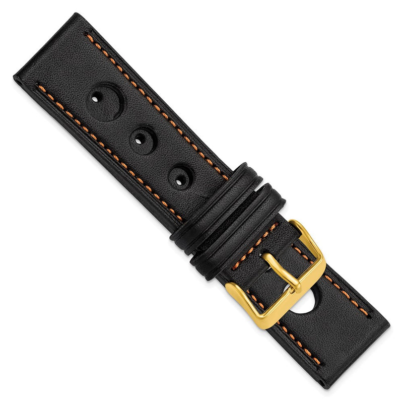 DeBeer 22mm Black Grand Prix Leather with Orange Stitching and Gold-tone Buckle 7.5 inch Watch Band