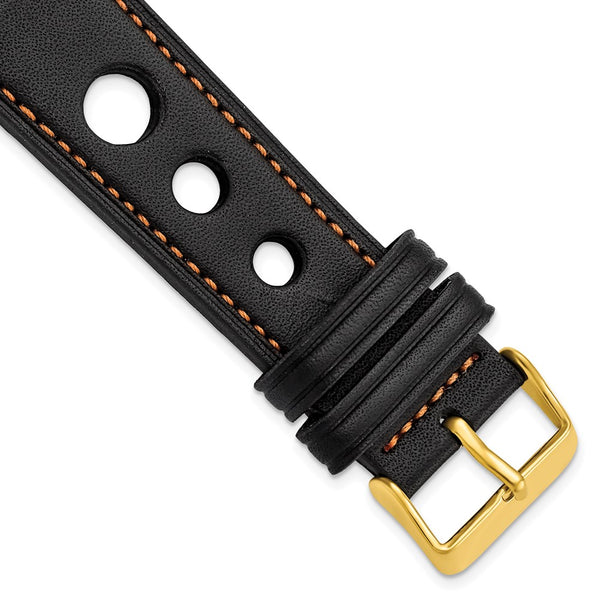 DeBeer 22mm Black Grand Prix Leather with Orange Stitching and Gold-tone Buckle 7.5 inch Watch Band