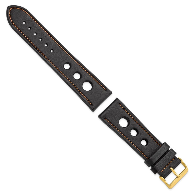 24mm Black Grand Prix Leather Orang Stitch Gold-tone Buckle Watch Band