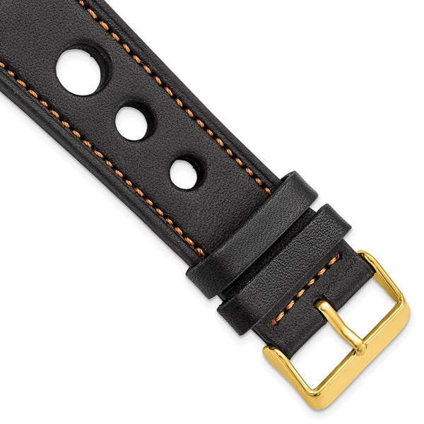 24mm Black Grand Prix Leather Orang Stitch Gold-tone Buckle Watch Band