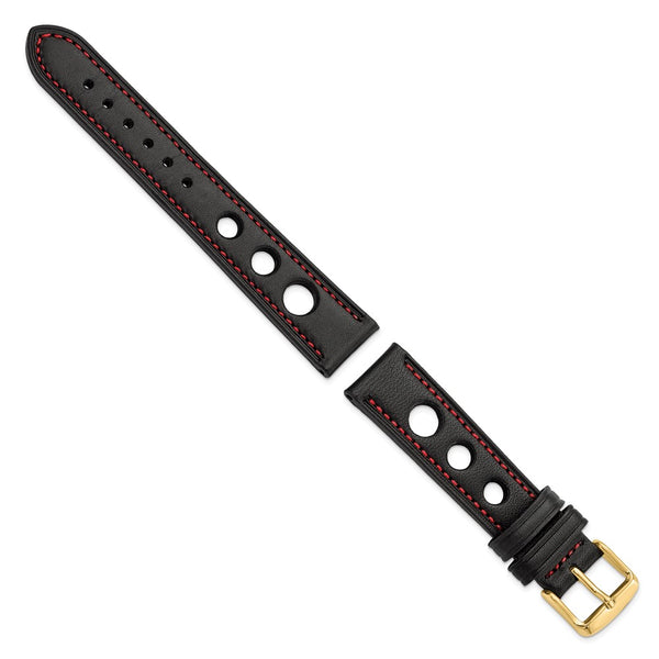 DeBeer 18mm Black Grand Prix Leather with Red Stitching and Gold-tone Buckle 7.5 inch Watch Band
