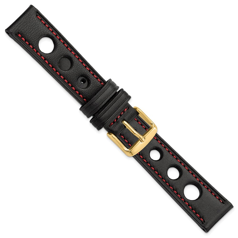 DeBeer 18mm Black Grand Prix Leather with Red Stitching and Gold-tone Buckle 7.5 inch Watch Band