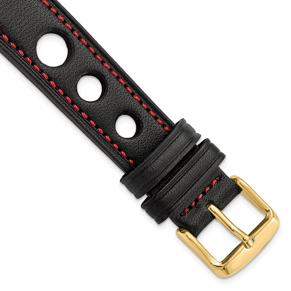 DeBeer 18mm Black Grand Prix Leather with Red Stitching and Gold-tone Buckle 7.5 inch Watch Band