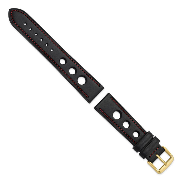 20mm Black Grand Prix Leather Red Stitch Gold-tone Buckle Watch Band