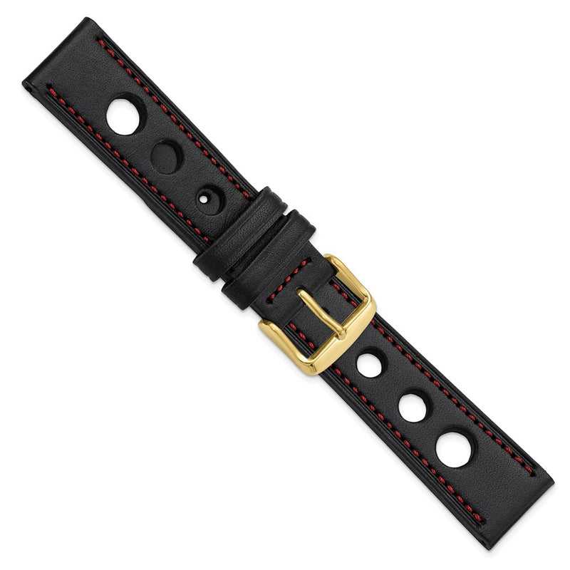 20mm Black Grand Prix Leather Red Stitch Gold-tone Buckle Watch Band