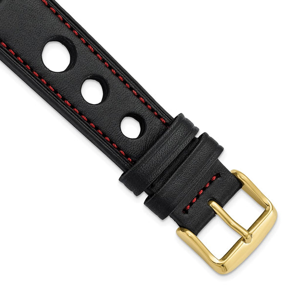 DeBeer 20mm Black Grand Prix Leather with Red Stitching and Gold-tone Buckle 7.5 inch Watch Band