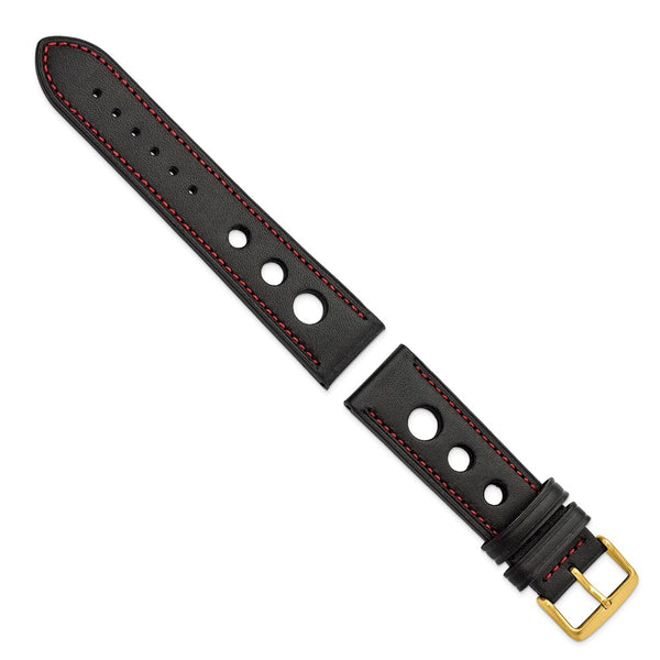 22mm Black Grand Prix Leather Red Stitch Gold-tone Buckle Watch Band