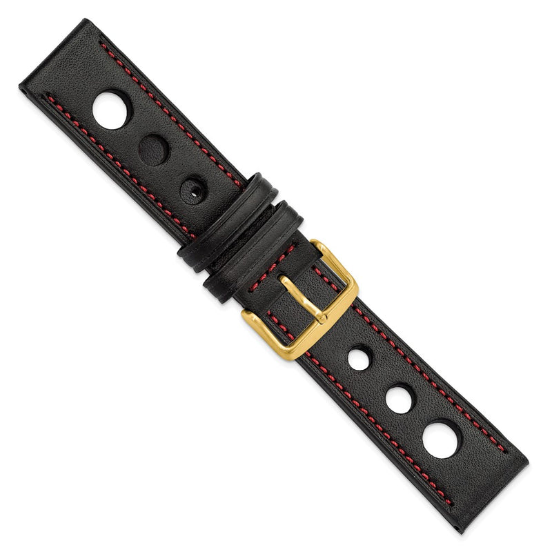 DeBeer 22mm Black Grand Prix Leather with Red Stitching and Gold-tone Buckle 7.5 inch Watch Band