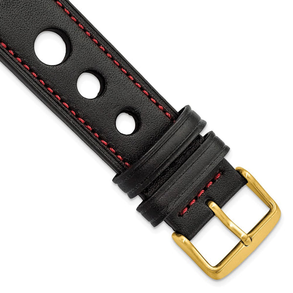 DeBeer 22mm Black Grand Prix Leather with Red Stitching and Gold-tone Buckle 7.5 inch Watch Band