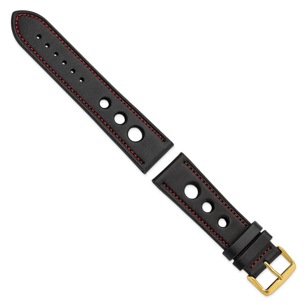 DeBeer 24mm Black Grand Prix Leather with Red Stitching and Gold-tone Buckle 7.5 inch Watch Band