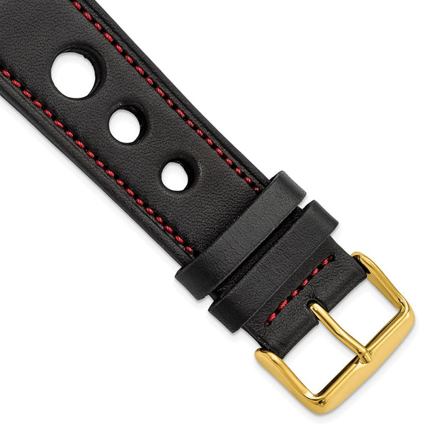 24mm Black Grand Prix Leather Red Stitch Gold-tone Buckle Watch Band