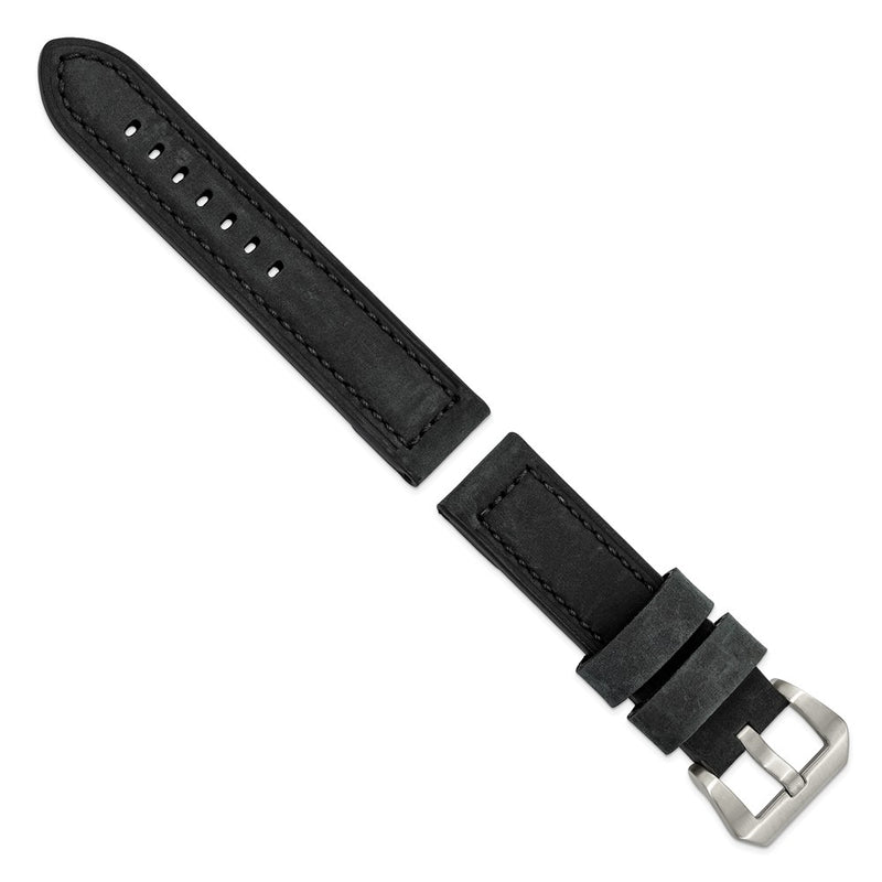 22mm Black Crazy Horse Saddle Leather Silver-tone Buckle Watch Band