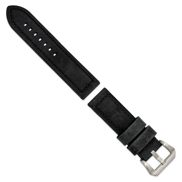 24mm Black Crazy Horse Saddle Leather Silver-tone Buckle Watch Band