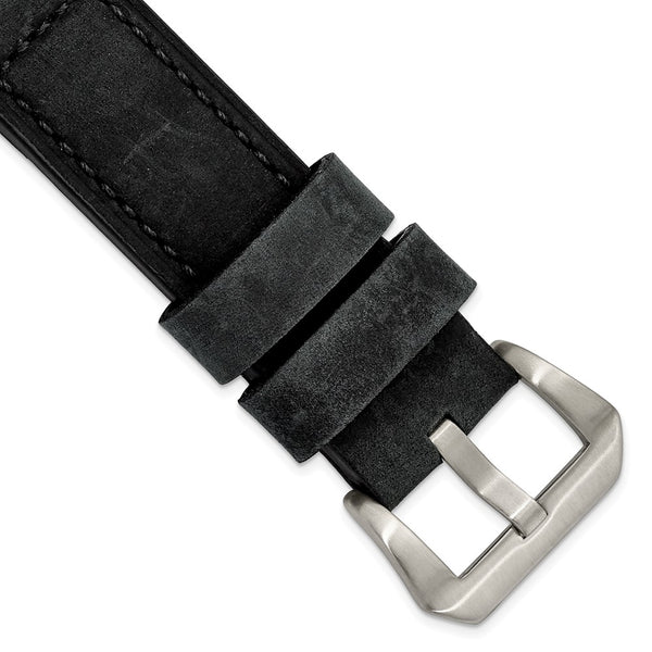 24mm Black Crazy Horse Saddle Leather Silver-tone Buckle Watch Band