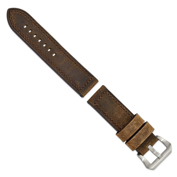 24mm Dark Brown Crazy Horse Saddle Leather Silver-tone Buckle Watch Band