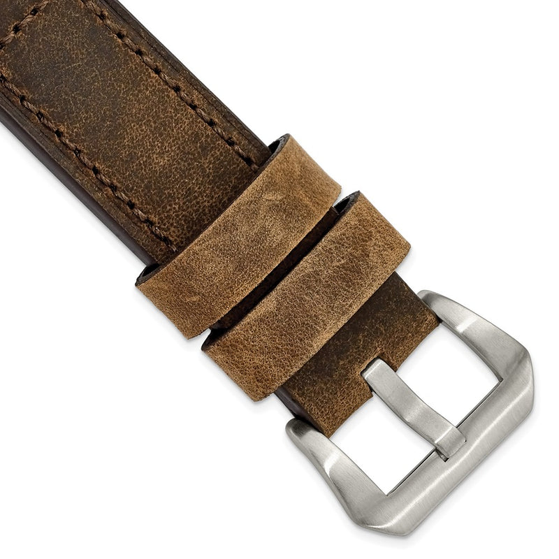 24mm Dark Brown Crazy Horse Saddle Leather Silver-tone Buckle Watch Band