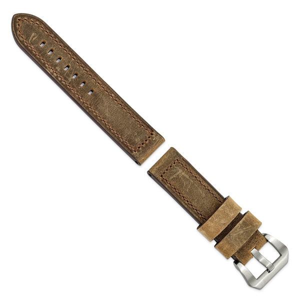 22mm Light Brown Crazy Horse Saddle Leather Silver-tone Buckle Watch Band