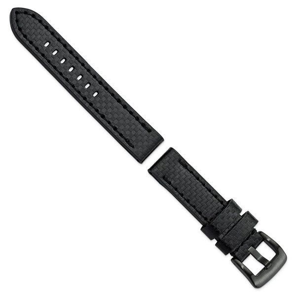 20mm Black Carbon Fiber Leather Silver-tone Buckle Watch Band