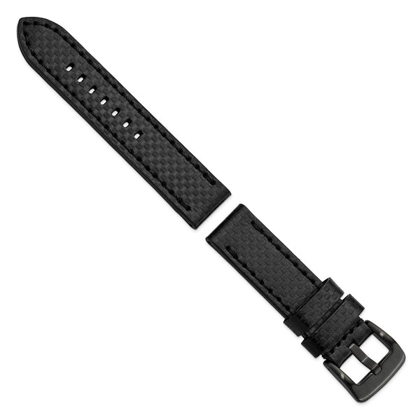 DeBeer 22mm Black Carbon Fiber Leather with Black PVD-plated Panerai Style Buckle 7.75 inch Watch Band
