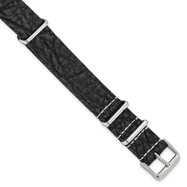 18mm Black Military Style Distressed Leather 1-Piece Watch Band